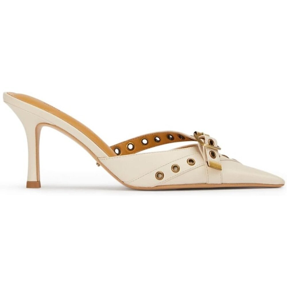 🆕  White Faux Leather Studded Kitten Heel Mules for Women Pointed Toe Stilettos